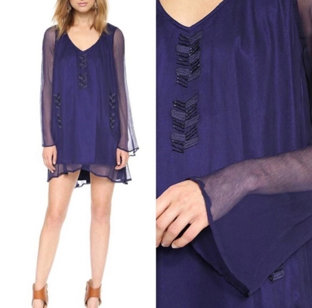Lovers + Friends Navy Blue Chevron Beaded Mini Dress XS Sheer Long Sleeve